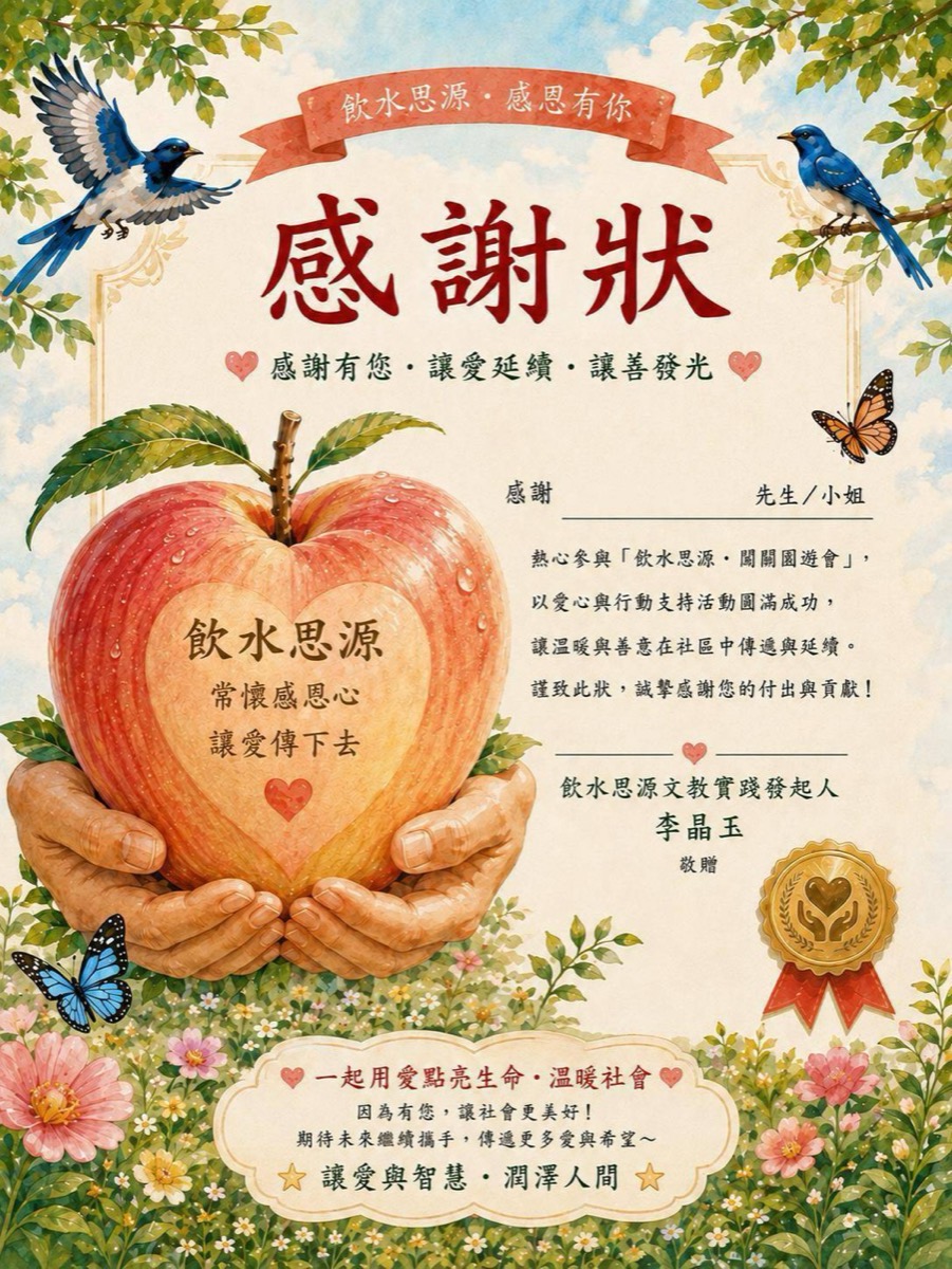 飲水思源感謝狀：感謝有您，讓愛延續，讓善發光——熱心參與飲水思源闖關園遊會，以愛心與行動支持活動圓滿成功