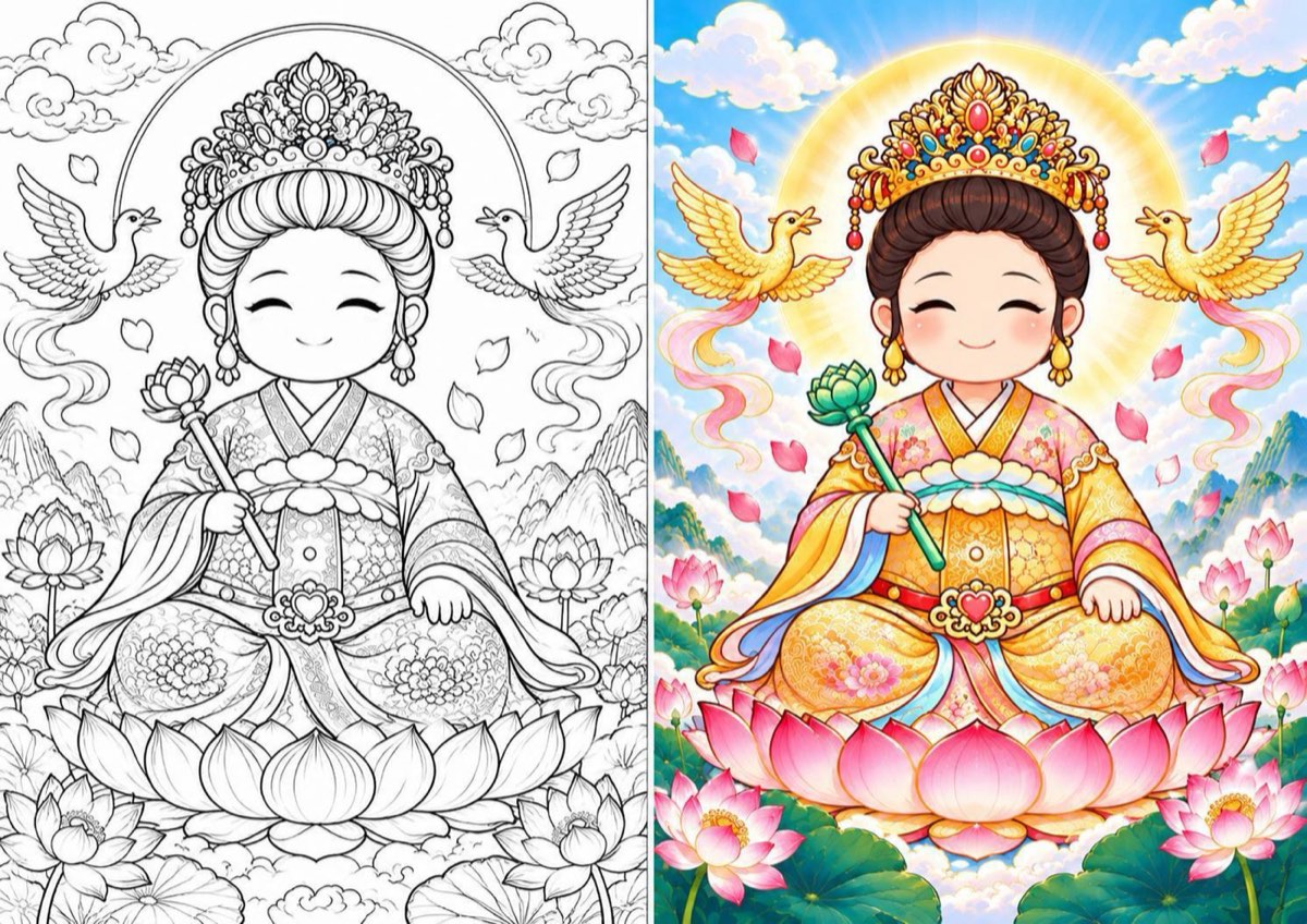 彩繪瑤池金母描金圖:左為描金線稿,右為彩繪完成範例
