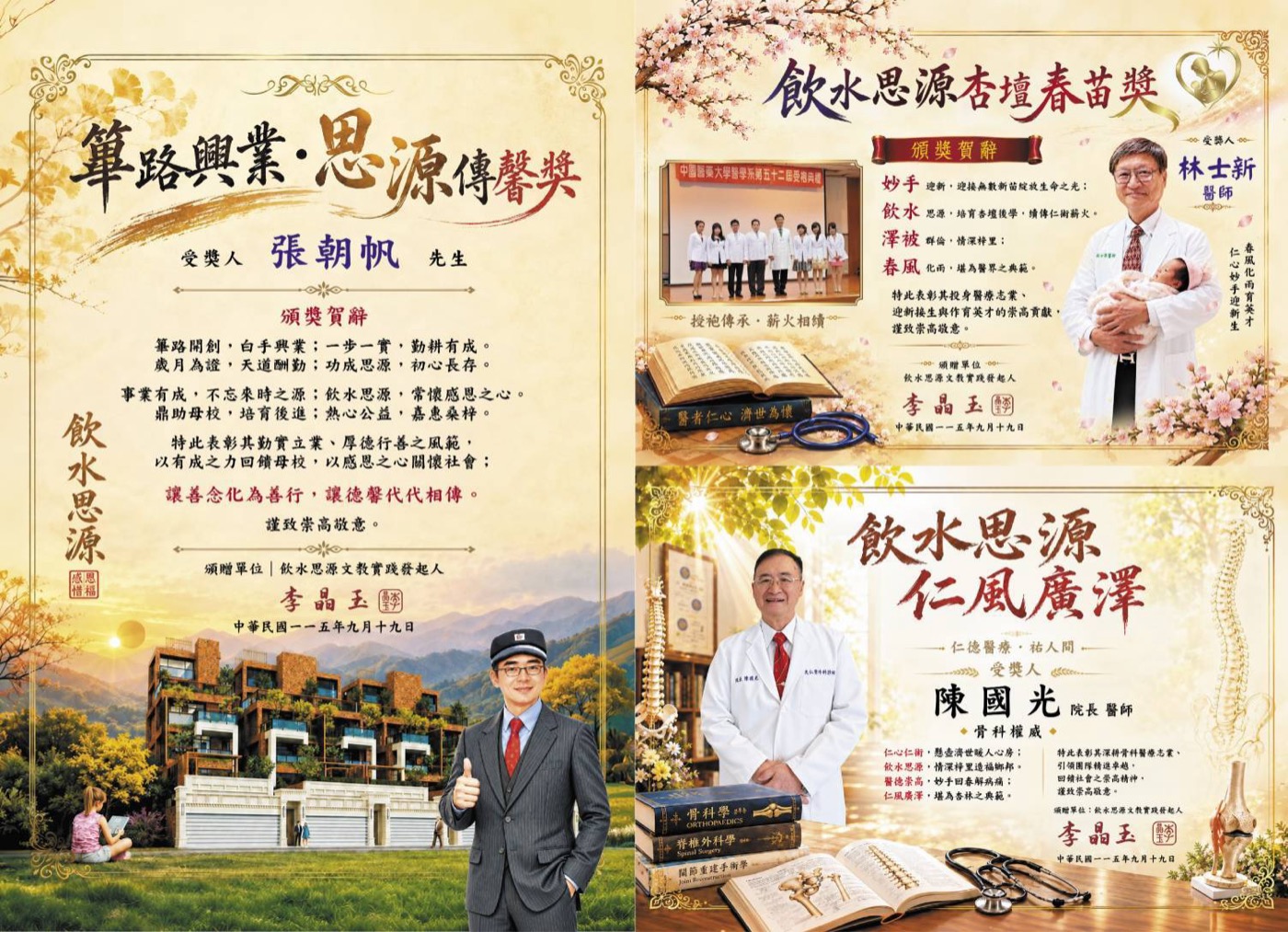 2026 年度三位受獎人獎狀:張朝帆先生 思源傳馨獎、林士新醫師 杏壇春苗獎、陳國光院長 仁風廣澤獎